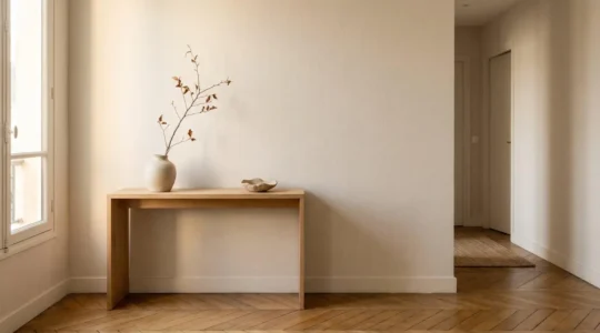 Console d'entrée épurée dans un hall lumineux avec objets soigneusement disposés créant un sentiment d'accueil et d'ordre
