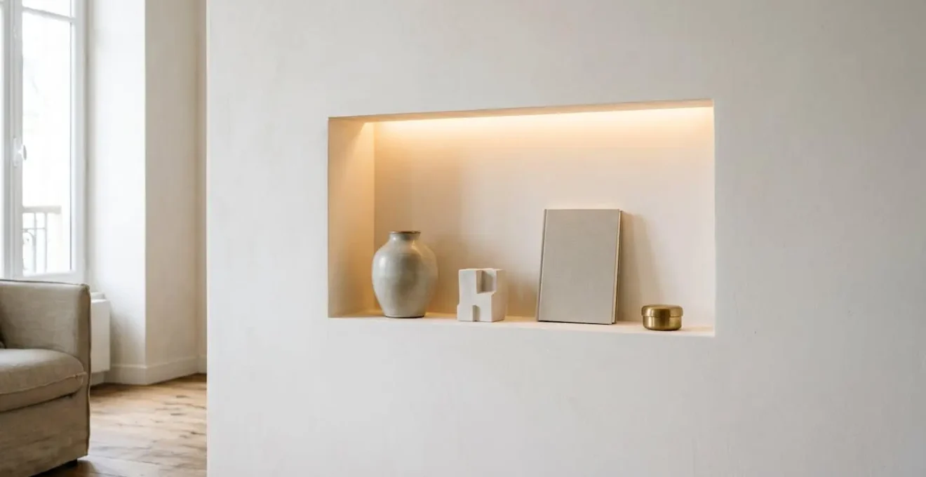 Niche murale élégante éclairée par LED avec objets décoratifs soigneusement disposés dans un intérieur contemporain