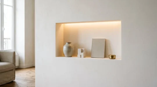 Niche murale élégante éclairée par LED avec objets décoratifs soigneusement disposés dans un intérieur contemporain