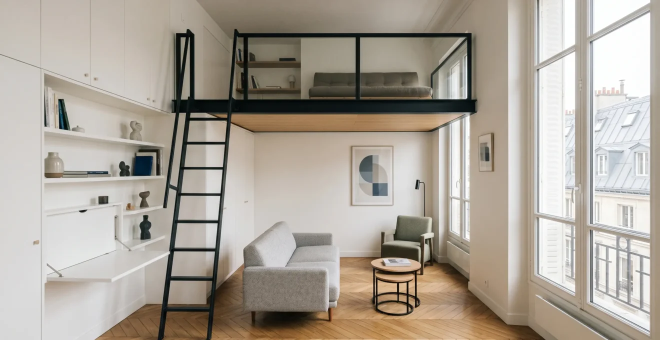 Intérieur d'appartement moderne avec optimisation intelligente de l'espace et aménagement fonctionnel
