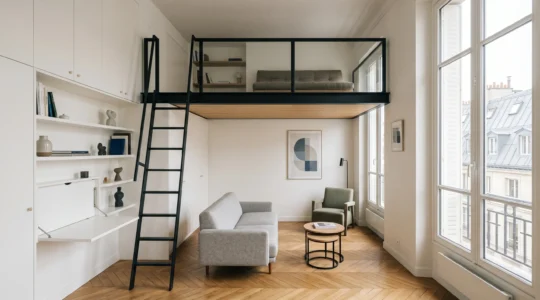 Intérieur d'appartement moderne avec optimisation intelligente de l'espace et aménagement fonctionnel