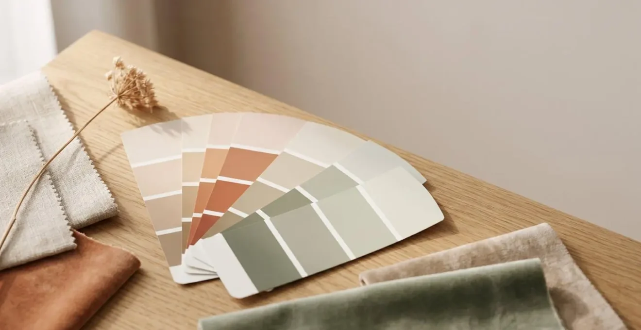 Échantillons de peinture et nuancier de couleurs harmonieuses disposés sur une table en bois naturel pour créer une palette de décoration intérieure