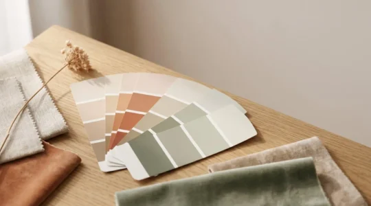 Échantillons de peinture et nuancier de couleurs harmonieuses disposés sur une table en bois naturel pour créer une palette de décoration intérieure