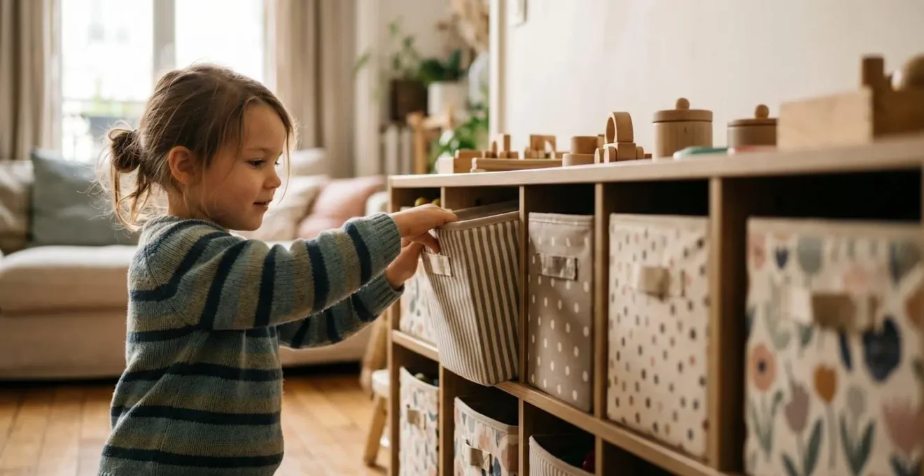 Enfant rangeant ses jouets de manière autonome dans un espace organisé et accessible