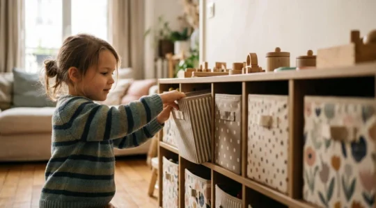 Enfant rangeant ses jouets de manière autonome dans un espace organisé et accessible