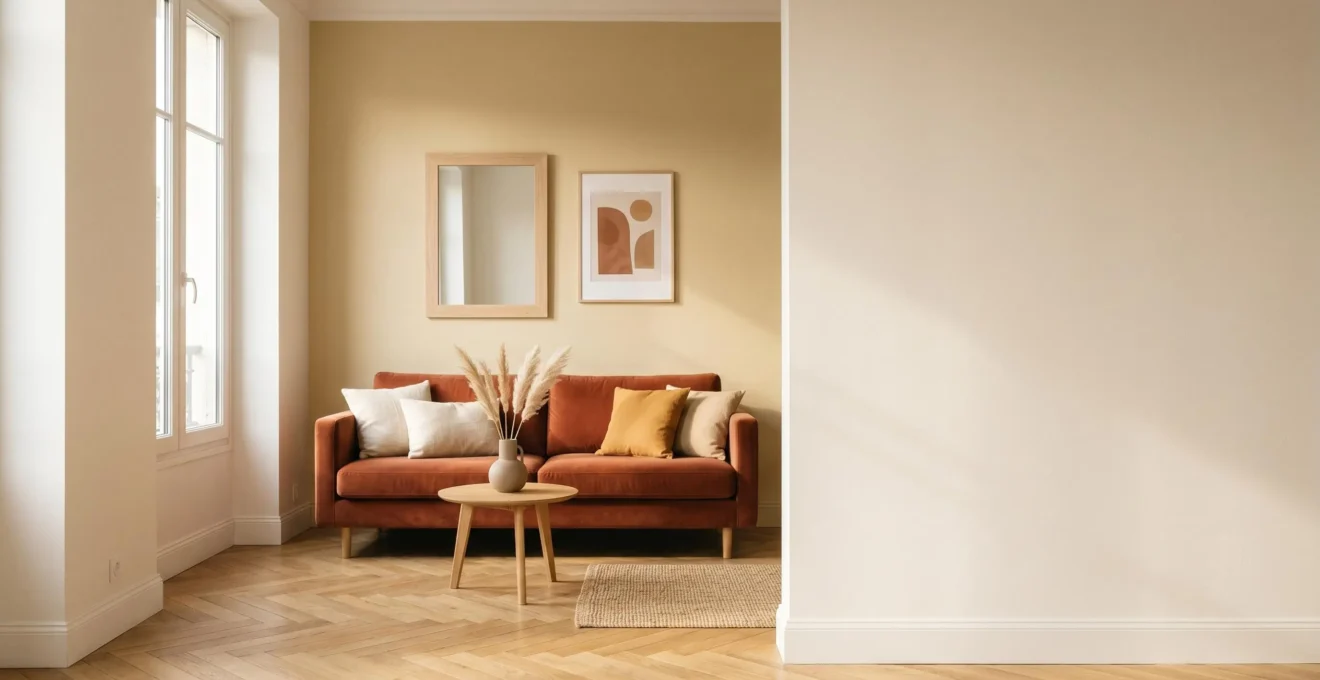 Salon moderne baigné de lumière naturelle avec teintes chaudes terracotta et ocre créant une atmosphère conviviale