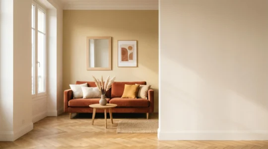 Salon moderne baigné de lumière naturelle avec teintes chaudes terracotta et ocre créant une atmosphère conviviale