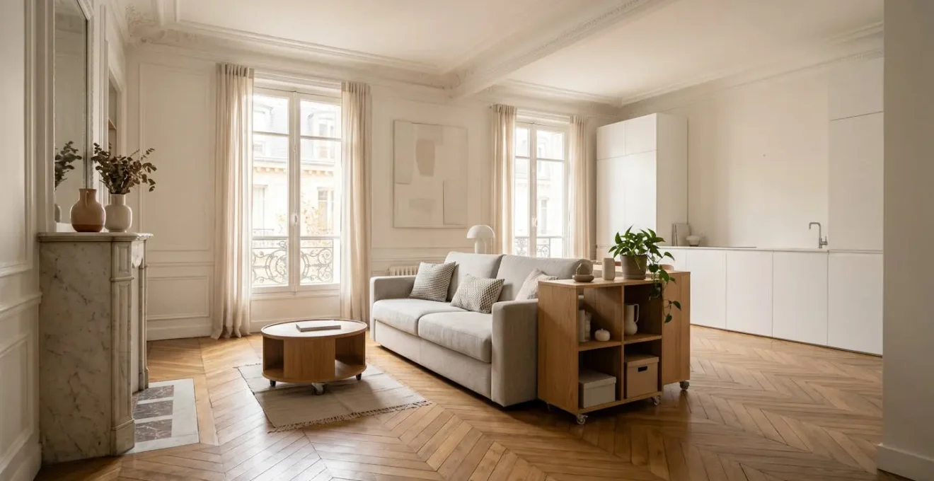 Un salon moderne et chaleureux de 60 m² avec un canapé convertible élégant et des solutions de rangement intelligentes pour accueillir des invités