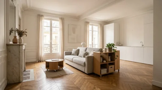 Un salon moderne et chaleureux de 60 m² avec un canapé convertible élégant et des solutions de rangement intelligentes pour accueillir des invités