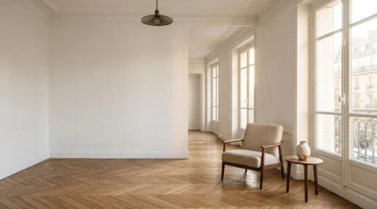 Salon baigné de lumière naturelle matinale traversant de grandes fenêtres orientées à l'est