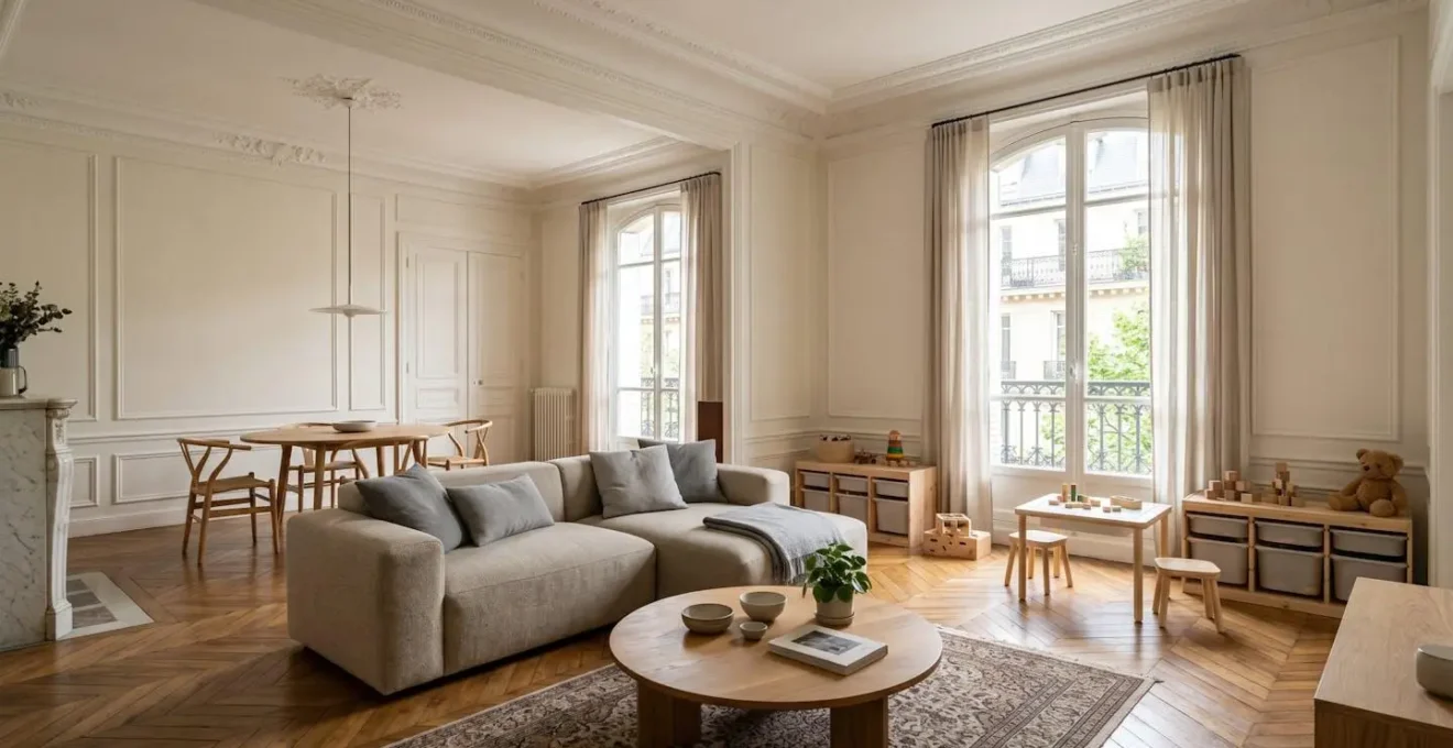 Salon modulable élégant avec zones distinctes pour parents, enfants et invités dans un intérieur français contemporain