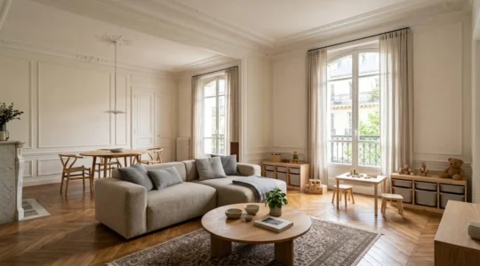 Salon modulable élégant avec zones distinctes pour parents, enfants et invités dans un intérieur français contemporain