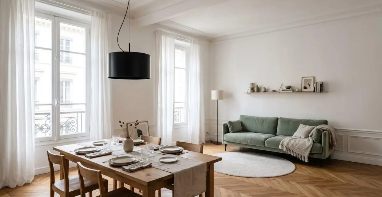 Suspension en métal noir au-dessus d'une table de salon dans un intérieur français contemporain avec lumière naturelle