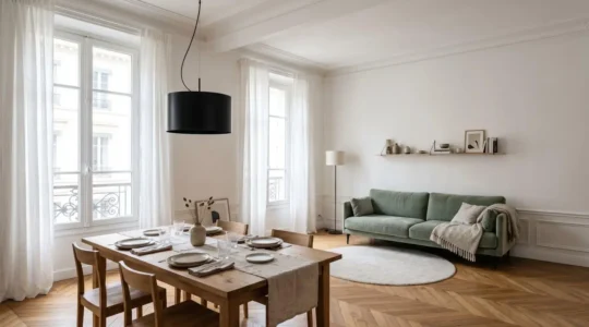 Suspension en métal noir au-dessus d'une table de salon dans un intérieur français contemporain avec lumière naturelle