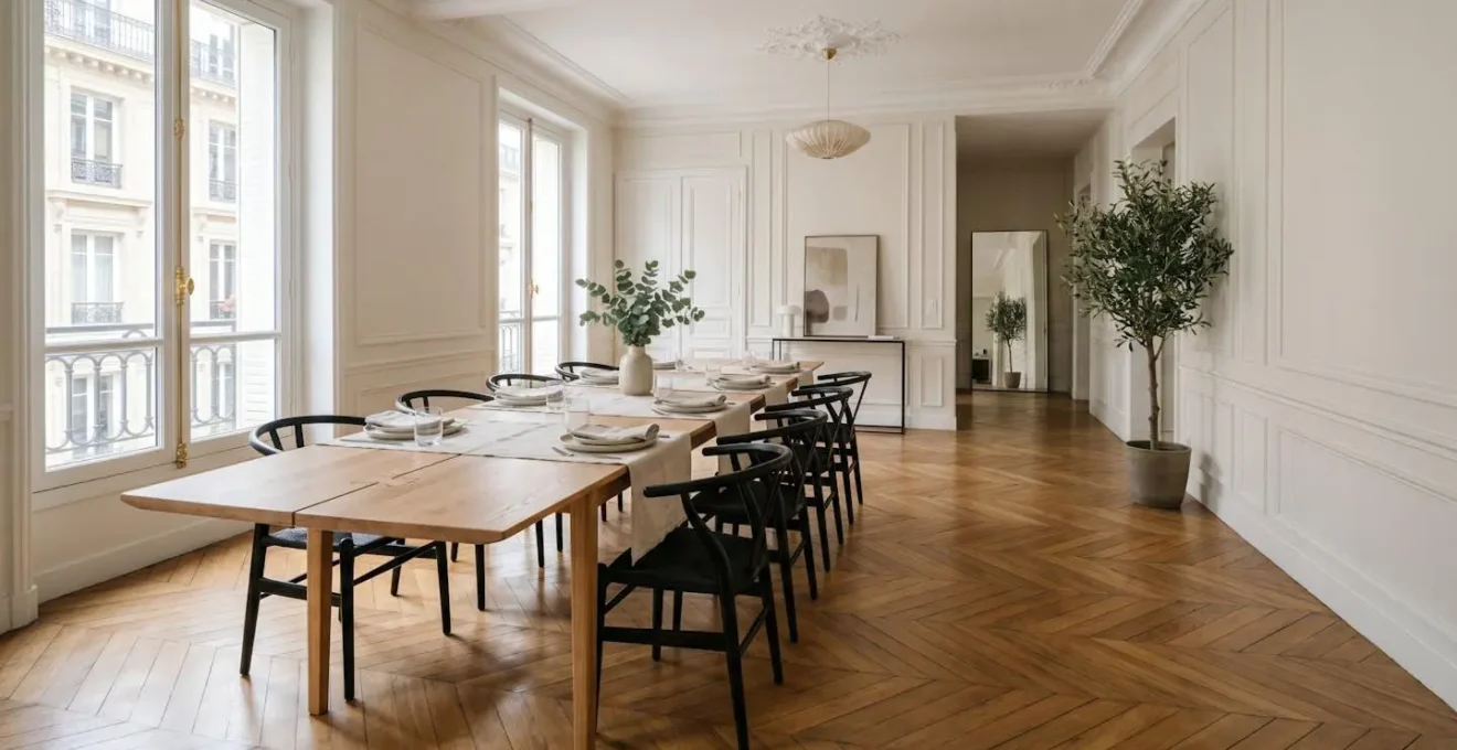 Table extensible contemporaine déployée dans une salle à manger française avec espace de circulation optimal