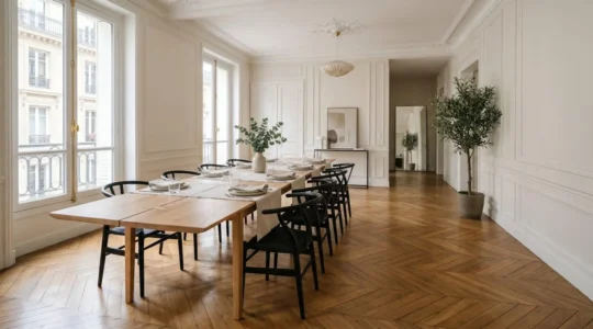 Table extensible contemporaine déployée dans une salle à manger française avec espace de circulation optimal