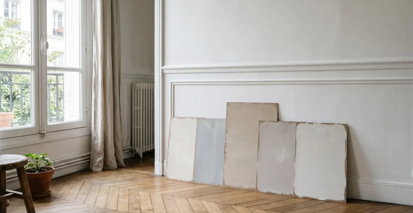 Échantillons de peinture murale disposés sur un mur blanc, éclairés par la lumière naturelle d'une fenêtre pour tester les nuances de couleurs
