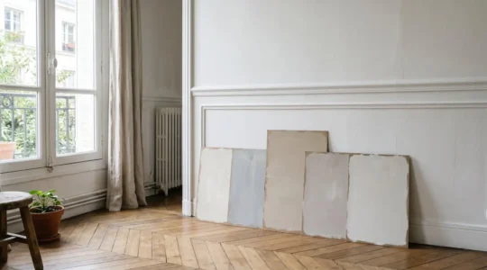 Échantillons de peinture murale disposés sur un mur blanc, éclairés par la lumière naturelle d'une fenêtre pour tester les nuances de couleurs