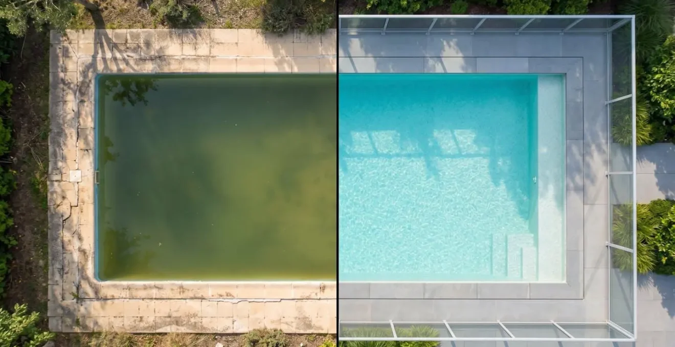 Vue aérienne d'une piscine enterrée montrant un avant-après : côté ancien avec margelles fissurées et côté rénové avec barrière de sécurité moderne