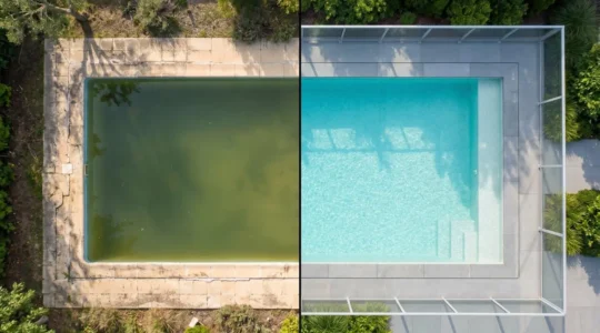 Vue aérienne d'une piscine enterrée montrant un avant-après : côté ancien avec margelles fissurées et côté rénové avec barrière de sécurité moderne